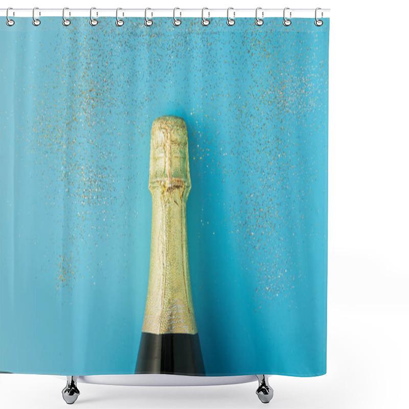 Personality  Flat Lay Of Celebration, Champagne Bottle On Blue Background With Glitter. Shower Curtains