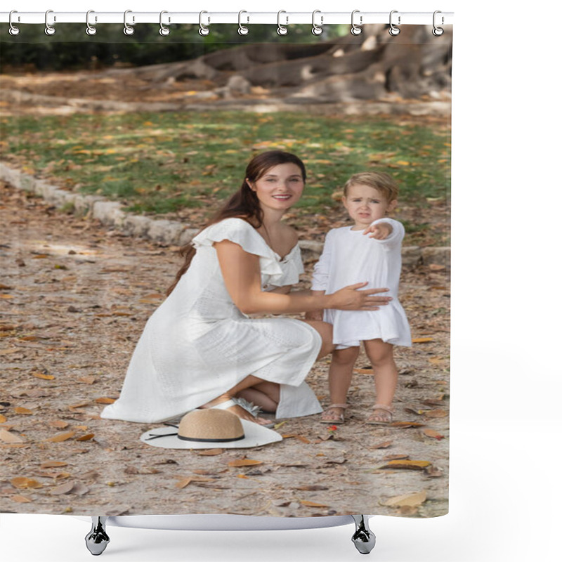 Personality  Kid Pointing With Finger Near Mom And Straw Hat In Park In Valencia Shower Curtains