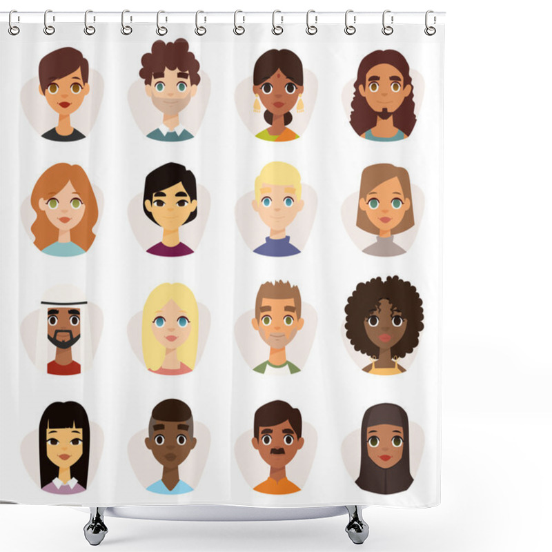 Personality  Set Of Diverse Round Avatars With Facial Features Different Nationalities, Clothes And Hairstyles. Shower Curtains