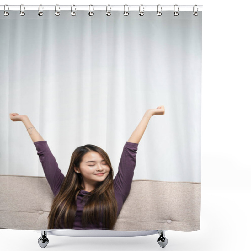 Personality  Well Rested Woman Lying On Soft Cushions Stretching Body Muscles Raises Her Arms On Cozy Sofa After Healthy Nap, Stress-free Leisure, Modern Furniture, Happy Home Owner Relax At Home Concept Shower Curtains