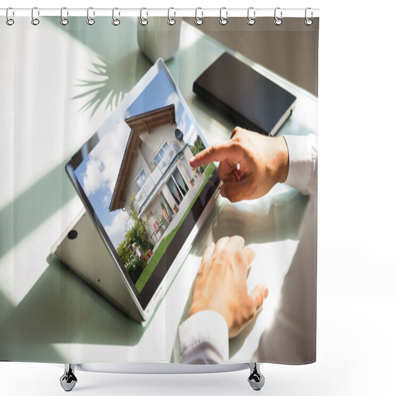 Personality  Close-up Of Businessman's Hand Checking House On Laptop Shower Curtains