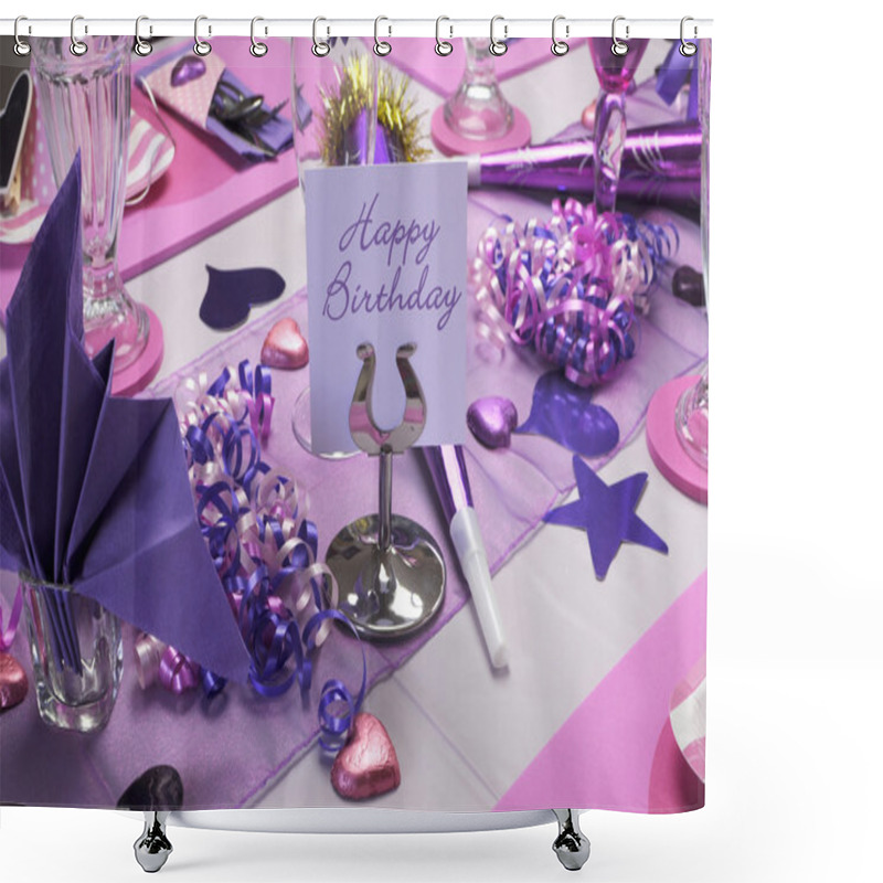 Personality  Pink And Purple Theme Party Table Setting Decorations With Happy Birthday Message On Table Stand. Shower Curtains