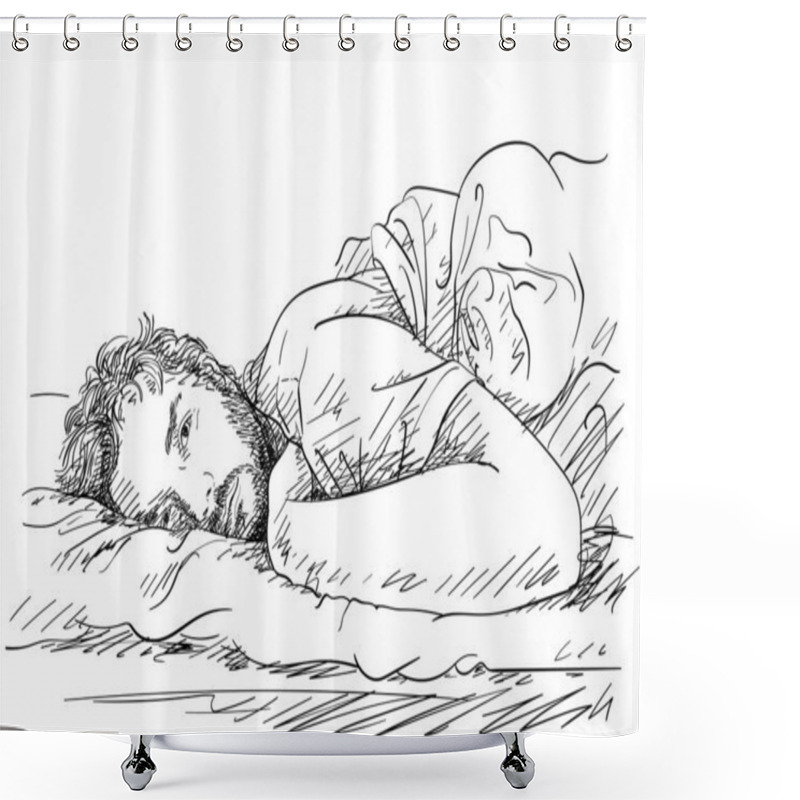 Personality  Sketch Of Handsome Bearded Man Laying In Bed With Sleepy Open Eyes, Hand Drawn Vector Illustration With Cross Hatching Shower Curtains