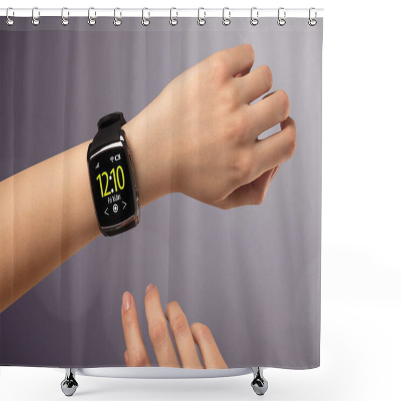 Personality  Female Hand Wearing And Pressing Smartwatch Shower Curtains