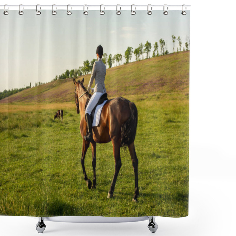 Personality  Young Woman Riding A Horse On The Green Field Shower Curtains