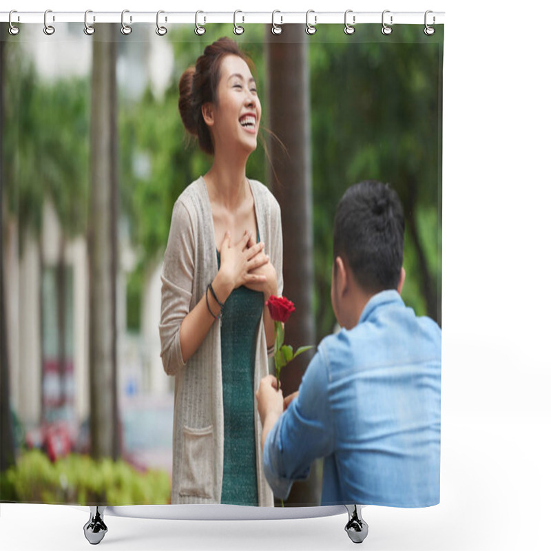 Personality  Portrait Of Man Proposing To Smiling Girlfriend In Street, Standing On One Knee And Holding Red Rose Shower Curtains