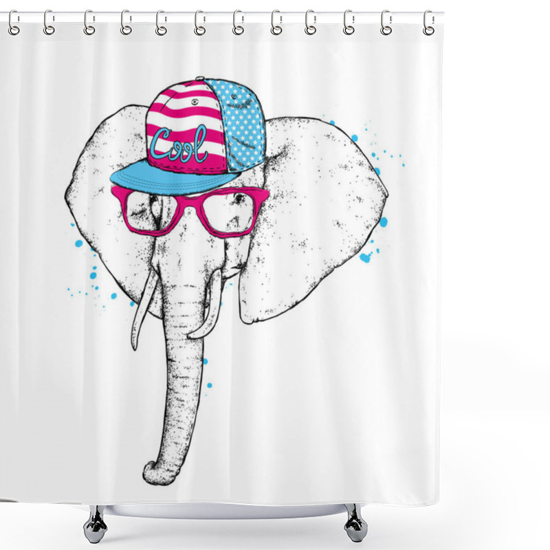 Personality  An Elephant In A Cap And Glasses. Vector Illustration. Wild Animal, Africa And Safari. Shower Curtains