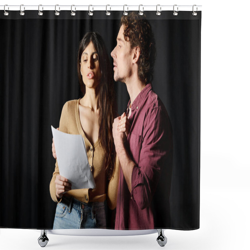 Personality  A Handsome Man And A Woman Practice Lines Together. Shower Curtains