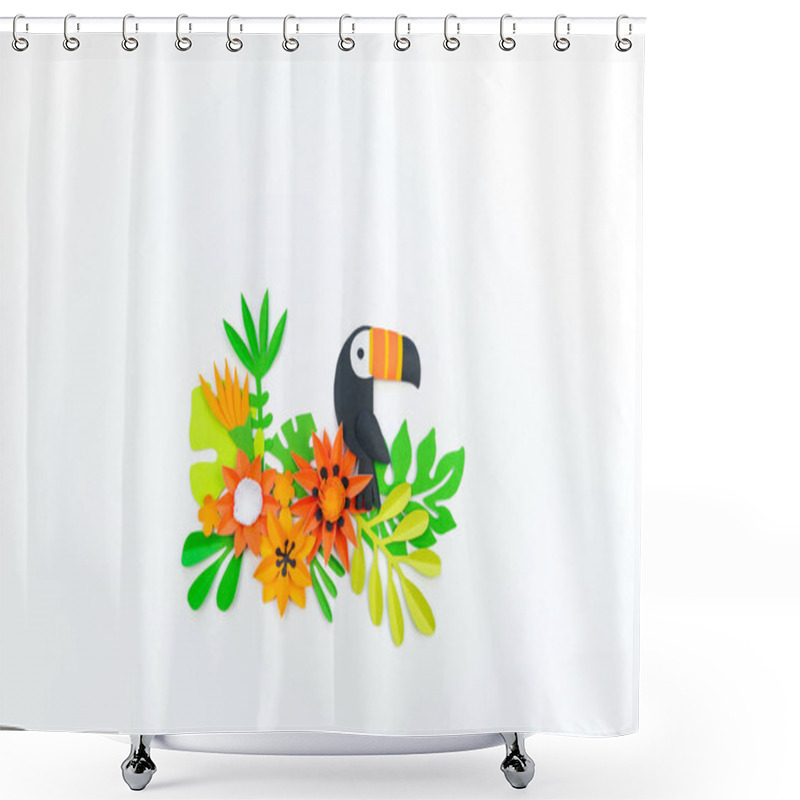 Personality  Decorative Arrangement Of Tropical Leaves And Flowers. Toucan Bird Made Of Paper. Shower Curtains