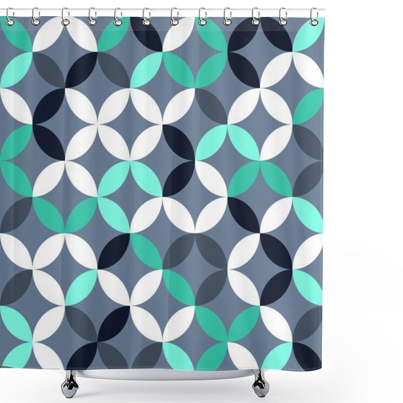 Personality  Silver White And Green Geometric Pattern. Overlapping Circles And Ovals Abstract Retro Fashion Texture. Seamless Pattern. Shower Curtains