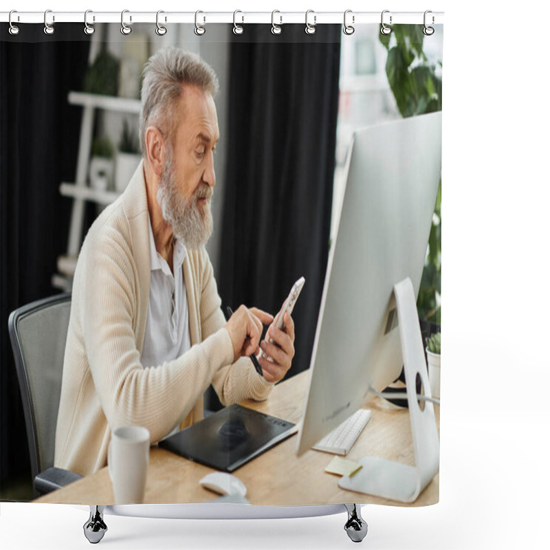 Personality  Handsome Senior Man Interacts With His Smartphone While Seated At A Desk With A Computer. Shower Curtains