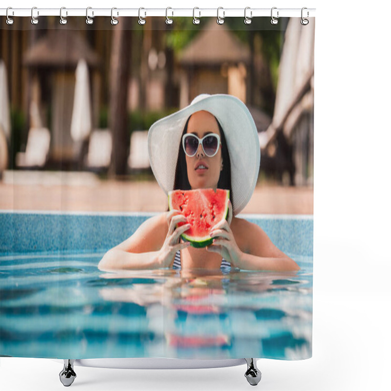 Personality  Brunette Woman In Sun Hat Holding Piece Of Watermelon In Swimming Pool  Shower Curtains