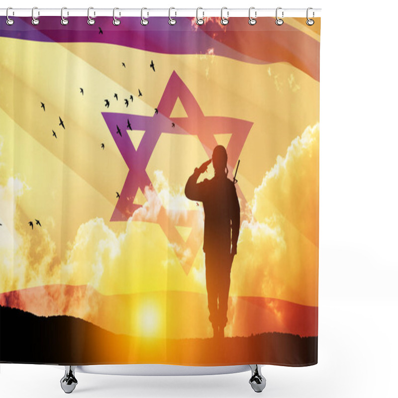 Personality  Silhouette Of Soldier Saluting Against The Sunrise In The Desert And Israel Flag. Concept - Armed Forces Of Israel. Shower Curtains