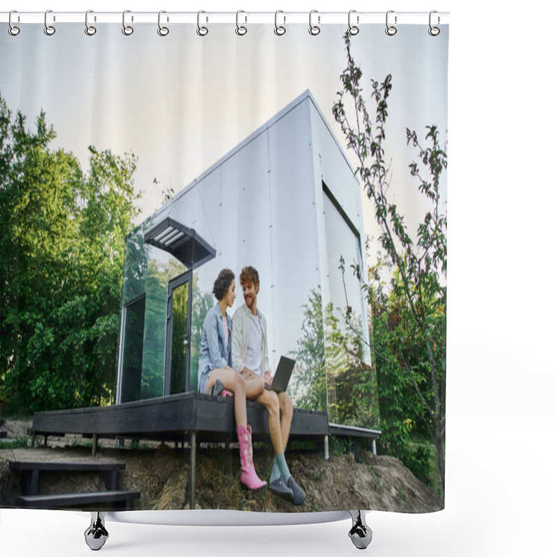 Personality  Young Multiethnic Couple Sitting On Porch With Laptop Near Modern Glass House In Countryside Shower Curtains