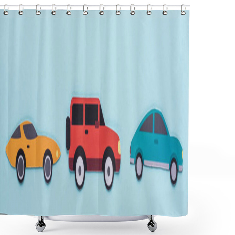 Personality  Top View Of Paper Cut Various Cars On Blue Background, Panoramic Shot Shower Curtains