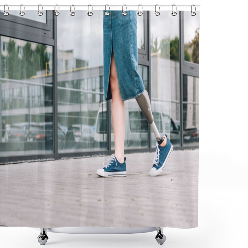 Personality  Cropped View Of Disabled Woman With Prosthetic Leg On Street Shower Curtains