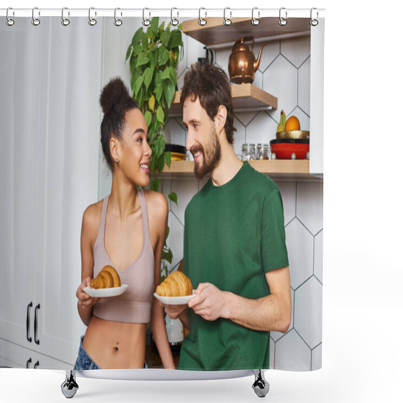 Personality  Jolly Interracial Couple In Casual Outfits Preparing To Eat Delicious Croissants For Breakfast Shower Curtains