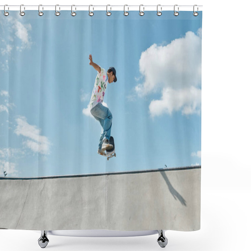 Personality  A Young Skater Boy Fearlessly Riding A Skateboard Up The Side Of A Ramp In A Vibrant Outdoor Skate Park On A Sunny Summer Day. Shower Curtains