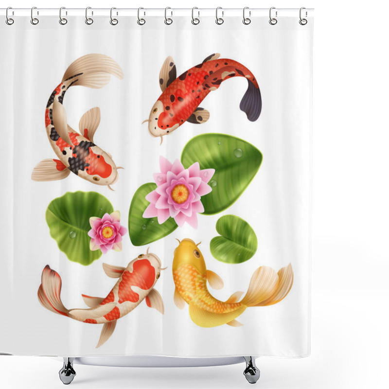 Personality  Realistic Koi Fish Composition With Top View Of Lake Water Lily Flowers Leaves And Exotic Fishes Vector Illustration Shower Curtains