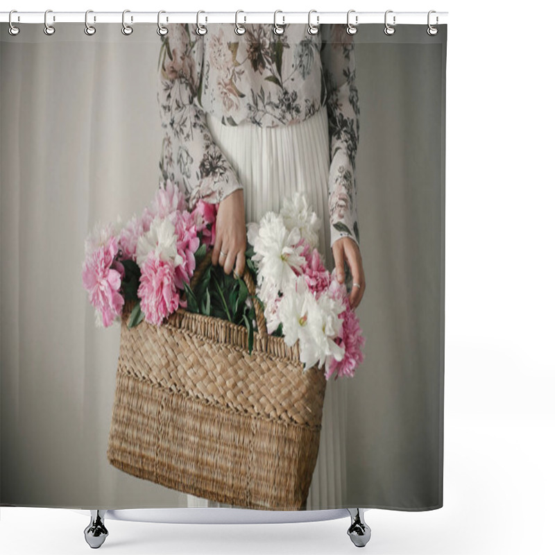 Personality  Boho Girl Holding Pink And White Peonies In Rustic Basket. Stylish Hipster Woman In Bohemian Floral Dress Gathering Peony Flowers. Happy Mothers Day. International Womens Day. Shower Curtains