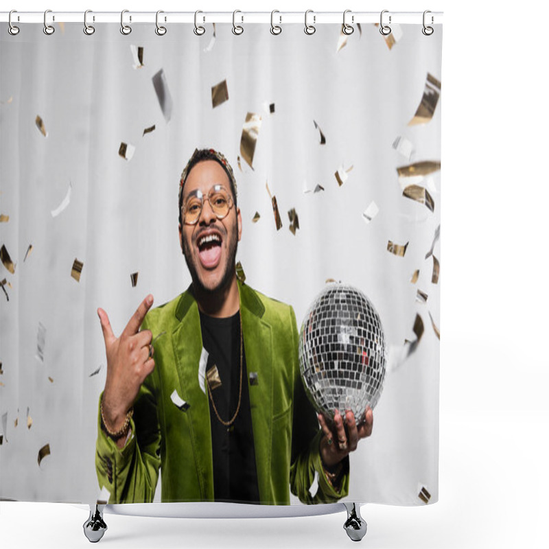 Personality  Amazed Indian Hip Hop Performer In Green Velvet Blazer And Crown Holding Disco Ball Near Falling Confetti On Grey Shower Curtains