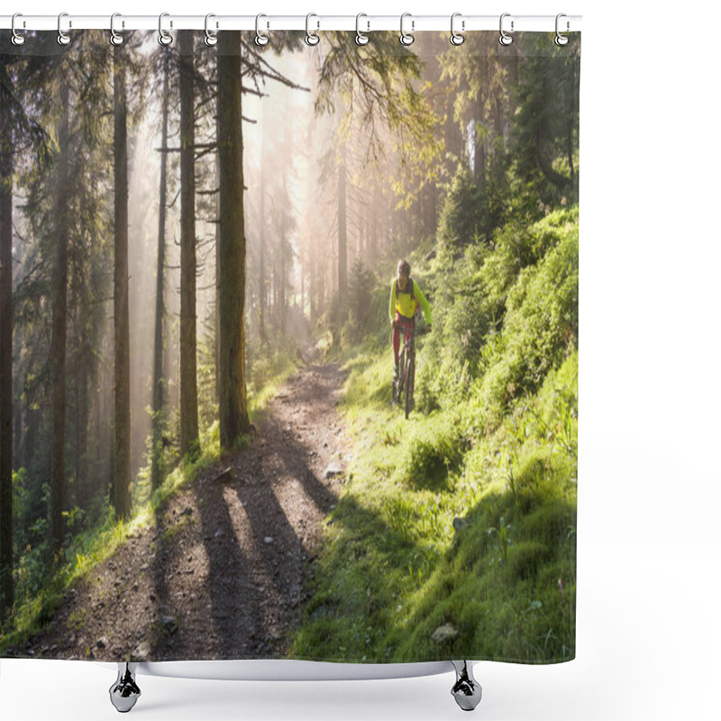 Personality  Man Cycling A Bike In Mountains With Sunny Rays Shower Curtains