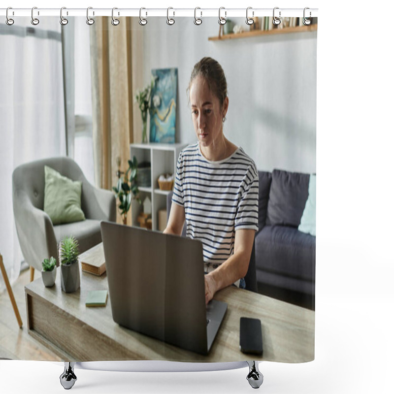 Personality  A Beautiful Woman With Vitiligo Focuses On Her Laptop, Surrounded By A Warm Atmosphere. Shower Curtains