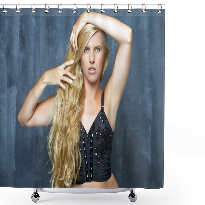 Personality  Portrait Of A Beautiful Blonde Girl With Luxuriant Hair Shower Curtains