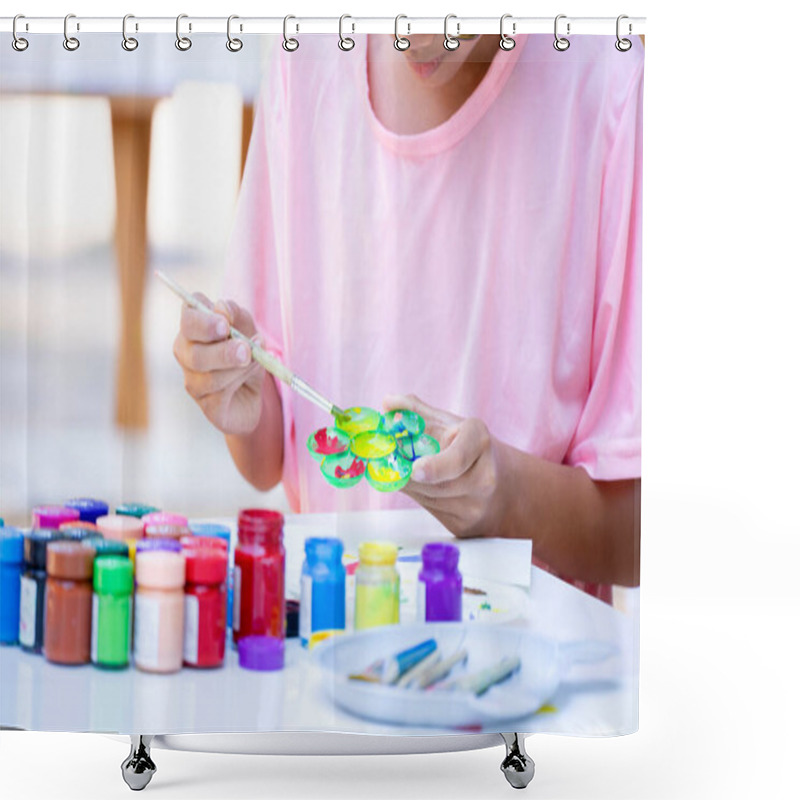 Personality  Asian Teens Boy Concentrate On Painting In School Art Club, Mixing The Watercolors In The Palette On Table, Concept Of School Elective Activities, Art Talent Ability  Shower Curtains