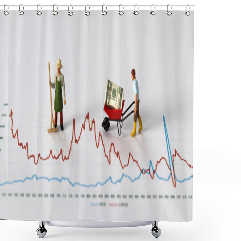 Personality  Business Concept With Graphs And Miniature People. A Miniature Man Carrying Dollars In The Cart On A Graph. Shower Curtains