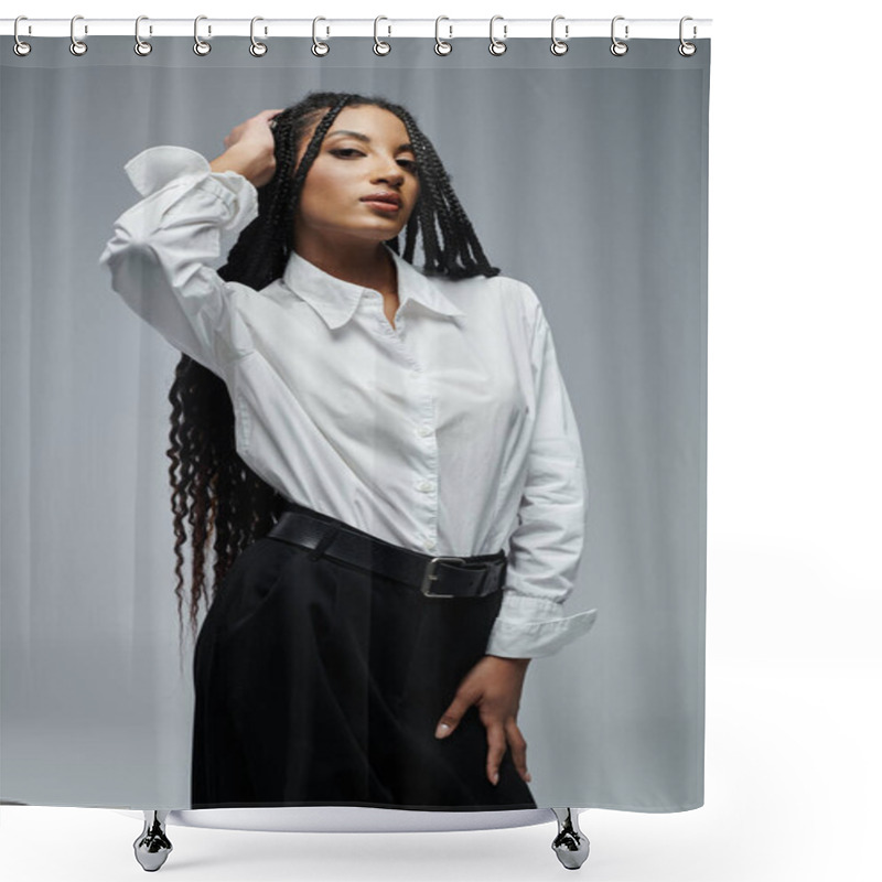 Personality  A Young Woman Poses In A White Button-down Shirt Against A Grey Background. Shower Curtains