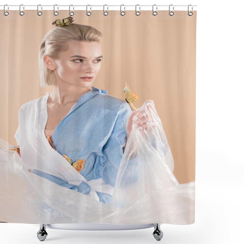 Personality  Attractive Girl Holding Polyethylene While Standing With Butterflies On Eco Clothing Isolated On Beige, Environmental Saving Concept  Shower Curtains