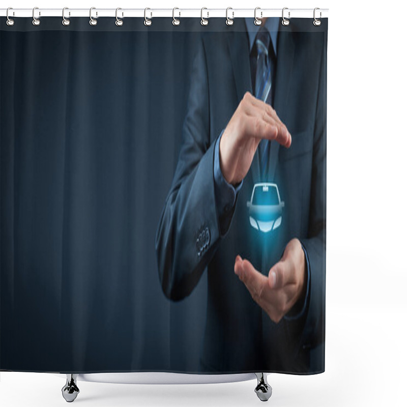 Personality  Businessman With Protective Gesture And Icon Of Car Shower Curtains