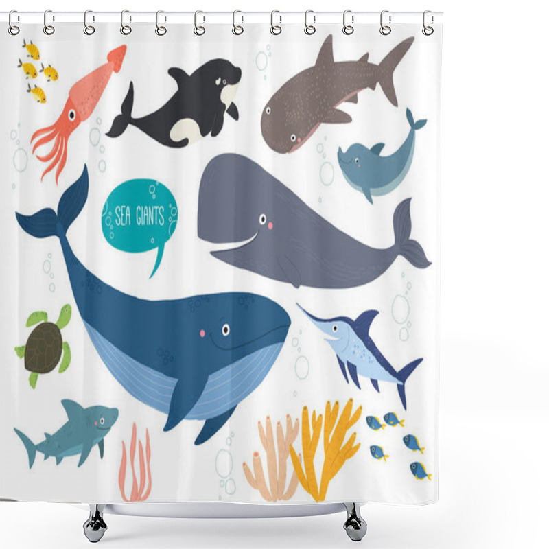 Personality  Cute Sea Animals Set. Underwater Animal Creatures. Squid, Orca, Whale, Shark, Dolphin, Swordfish And Ocean Turtle. Undersea World. Cartoon Vector Illustration Isolated On White. Flat Style. Shower Curtains