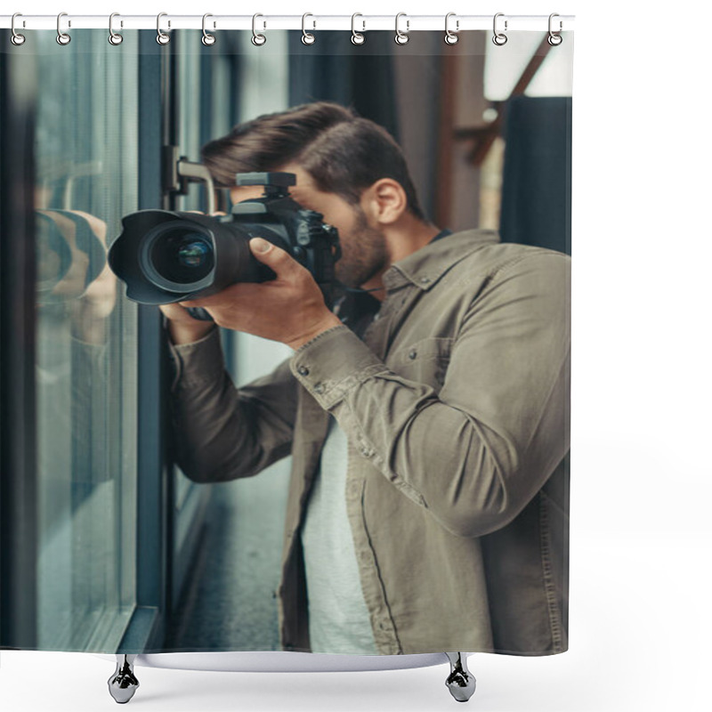 Personality  Photographer With Camera At Window Shower Curtains