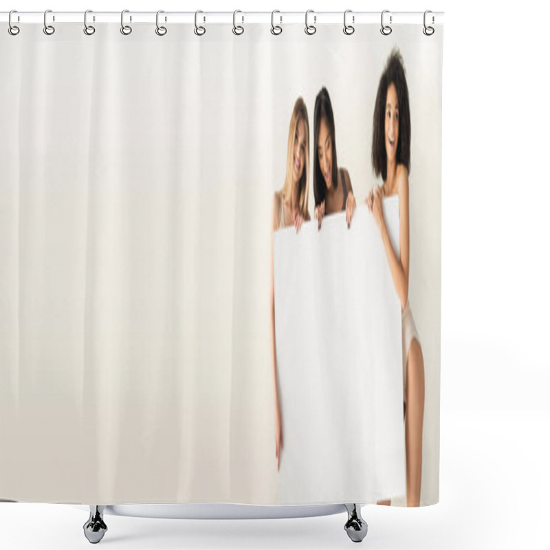 Personality  Young Interracial Women Holding Blank Placard Isolated On White, Banner Shower Curtains