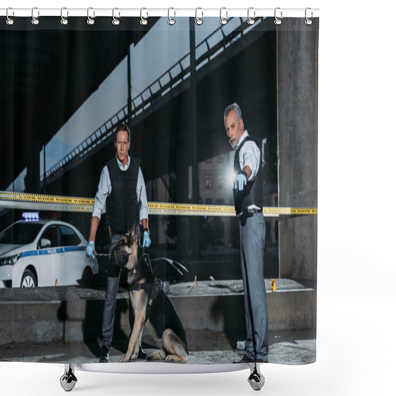 Personality  Male Police Officer Pointing By Finger To Colleague With Dog On Leash Near Cross Line At Crime Scene  Shower Curtains