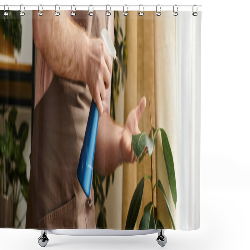 Personality  A Man Holding A Vibrant Blue Flower And A Delicate Blue Vase In A Plant Shop Setting. Shower Curtains