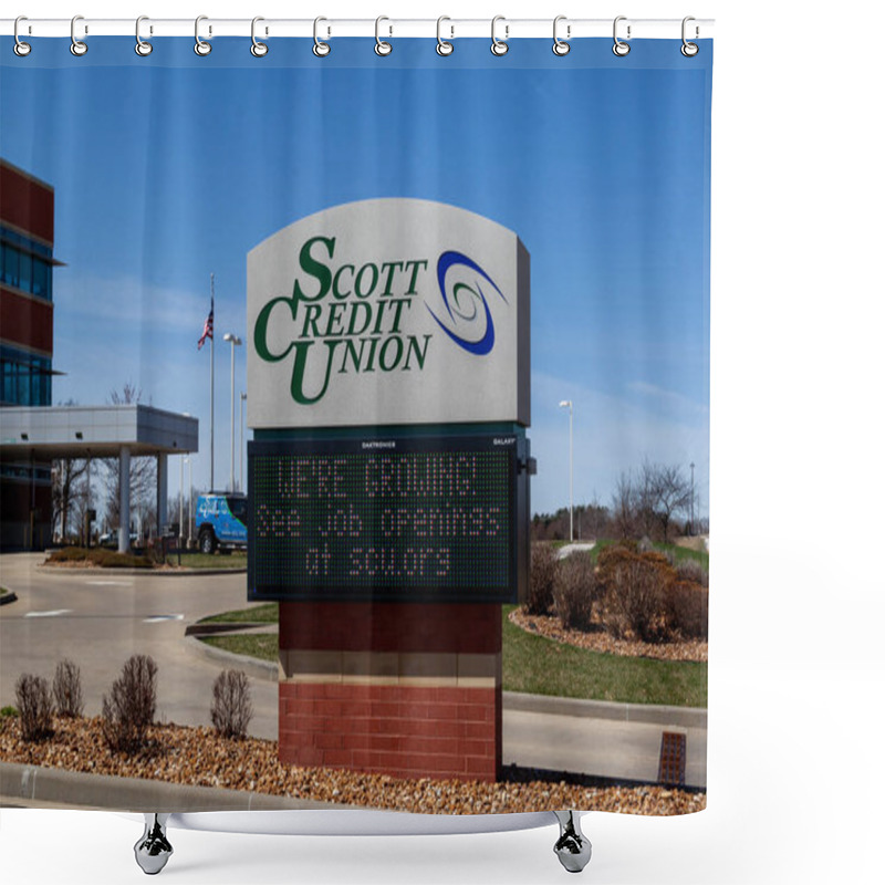 Personality  Edwardsville, Illinois, USA - March 26, 2022: The Sign Of Scott Credit Union At Its Headquarters In Edwardsville, Illinois, USA. Scott Credit Union Is An American Full Service Financial Institution. Shower Curtains