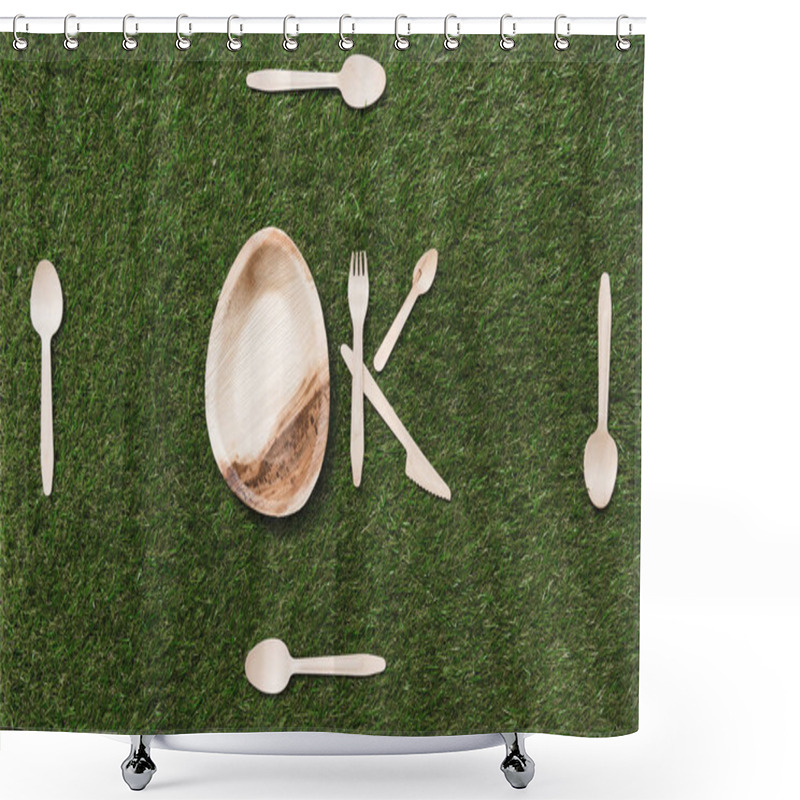 Personality  Wooden Cutlery Items And Plate On Grass Shower Curtains