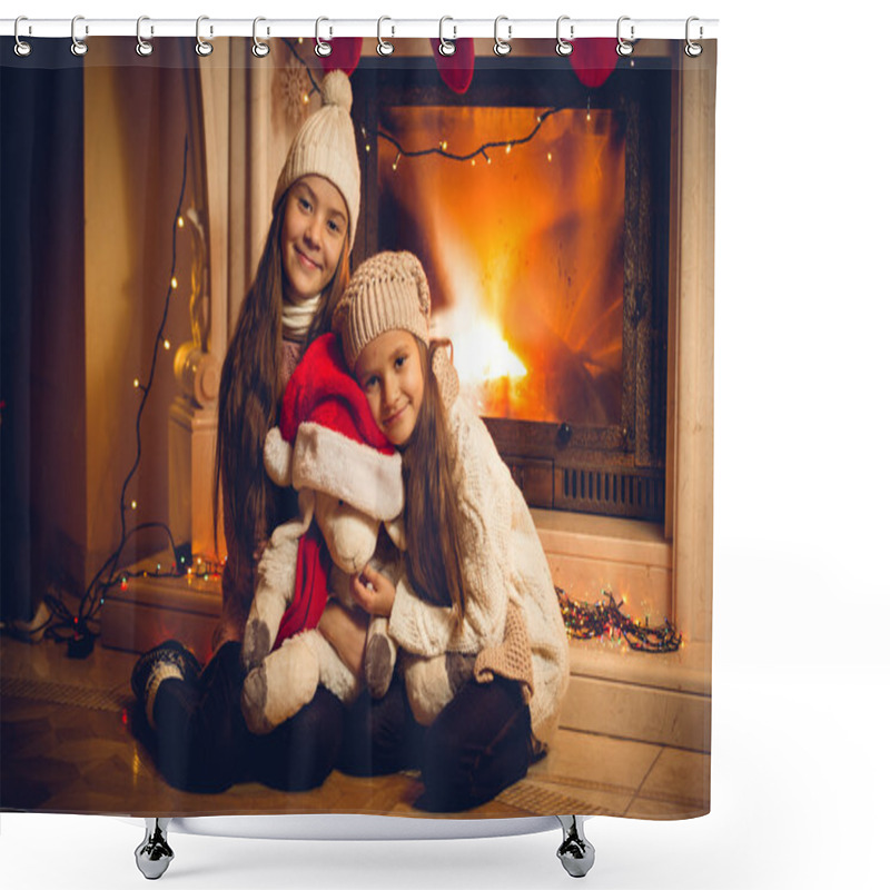 Personality  Toned Photo Of Two Happy Girls Sitting With Toy At Fireplace On Shower Curtains