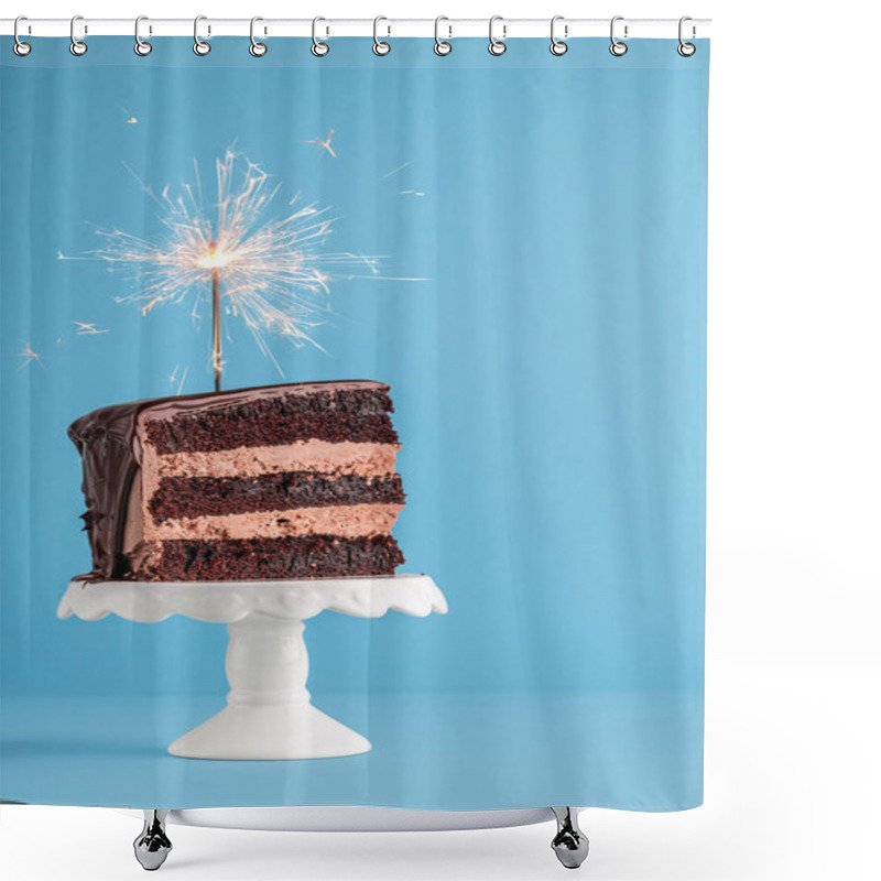 Personality  Chocolate Cake Slice With Sparkler. Birthday Cake On Blue Backgr Shower Curtains