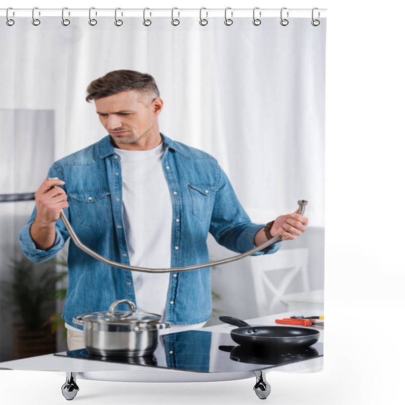 Personality  Confused Man Holding Metal Hose While Standing At Kitchen  Shower Curtains