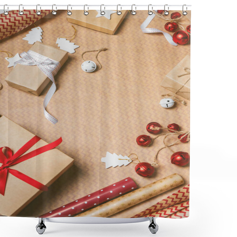 Personality  Christmas Background With Gift Boxes, Packing Tape, Rope, Paper's Rools And Decorations Props On Wrapping Paper. Flat Lay With Copy Space. Christmas Festive Spirit. Shower Curtains