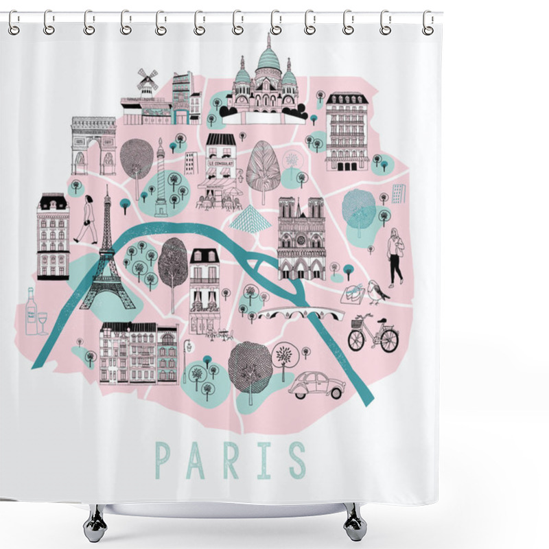 Personality  Cartoon Map Of Paris With Legend Icons. Print Design Shower Curtains