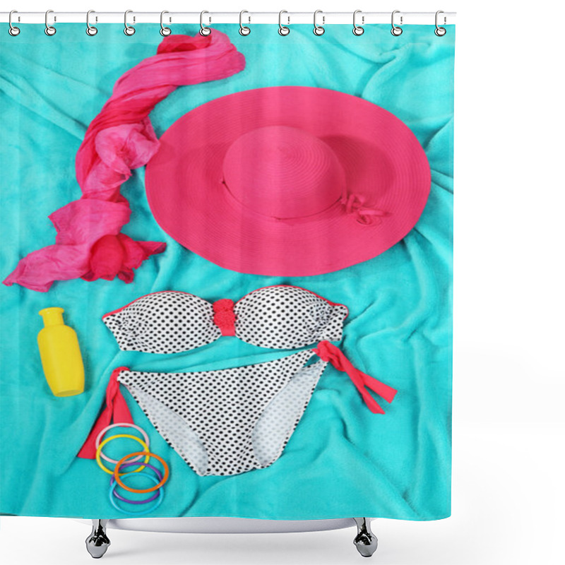 Personality  Swimsuit And Beach Items On Bright Blue Background Shower Curtains