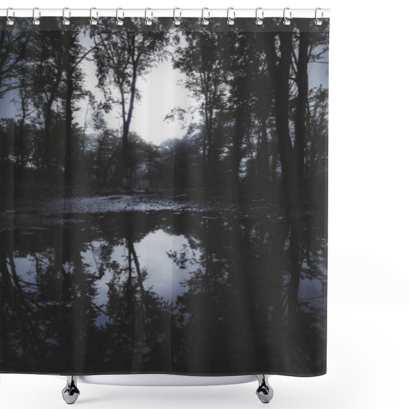 Personality  Dark Forest At Night With Trees Reflecting In Water Shower Curtains