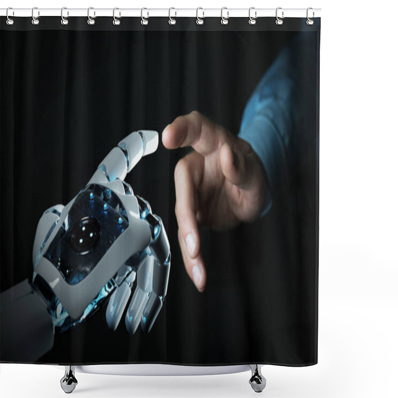 Personality  Robot Hand Making Contact With Human Hand On Dark Background 3D Rendering Shower Curtains