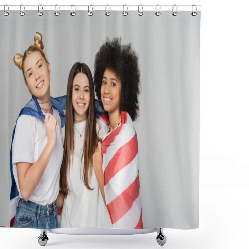 Personality  Portrait Of Positive And Multiethnic Teenage Girlfriends In White T-shirts Covering With American Flag And Looking At Camera Isolated On Grey, Energetic Teenage Friends Spending Time Shower Curtains