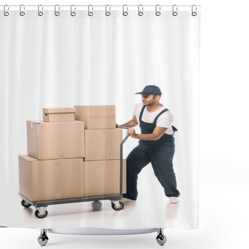 Personality  Full Length Of Indian Mover In Overalls Pulling Heavy Hand Truck With Carton Boxes On White Shower Curtains